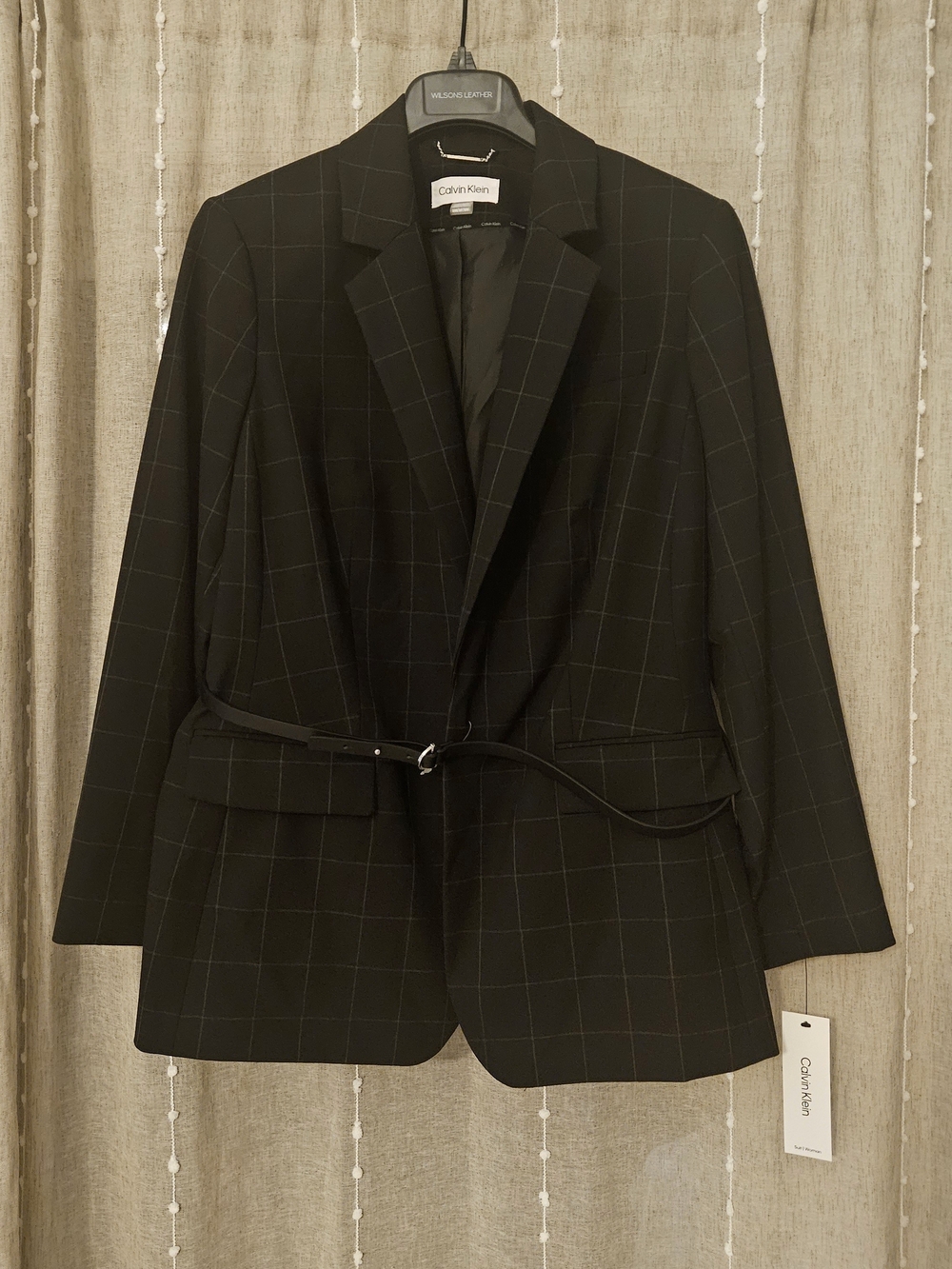 Calvin Klein Plus Black Windowpane Belted Suit Jacket with Slim Belt
